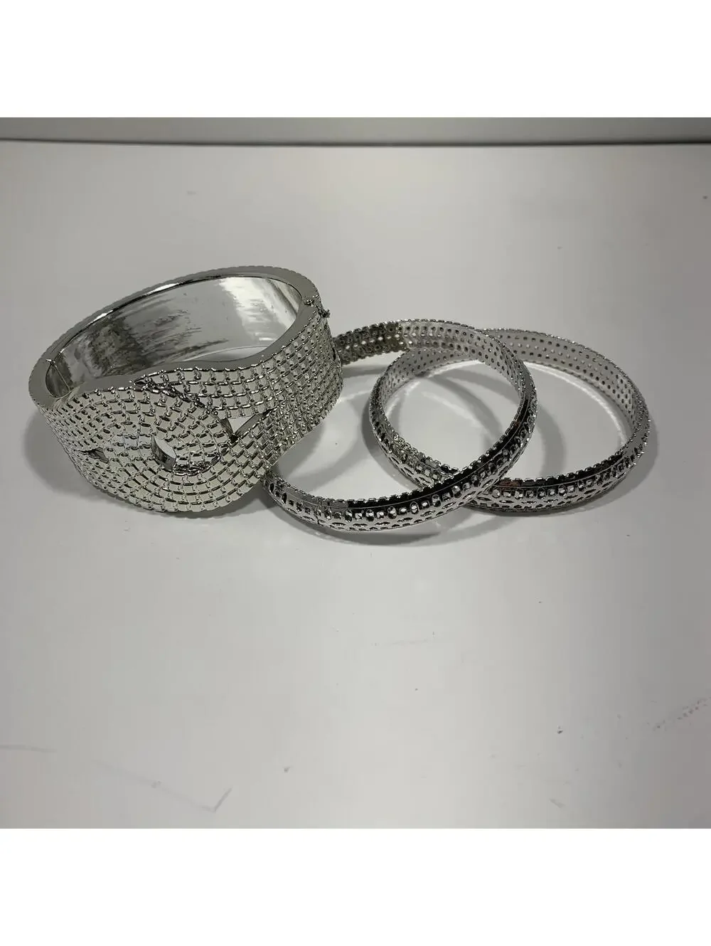 Silver Tone Textured Cuff Bracelet W/ 2 Matching Bangles -Modern Statement Jewel